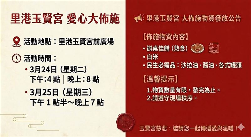 台灣新聞通訊社-屏東里港玉賢宮新廟落成延續善行　3/24-3/25舉辦大佈施關懷弱勢