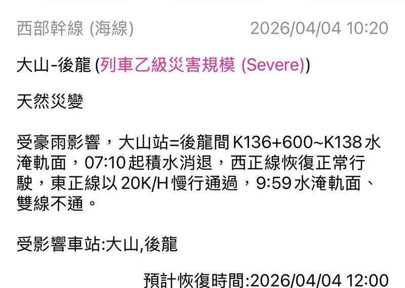 台灣新聞通訊社-快訊/苗栗豪雨!台鐵急發「乙級災害」大山、後龍水淹軌面雙線不通