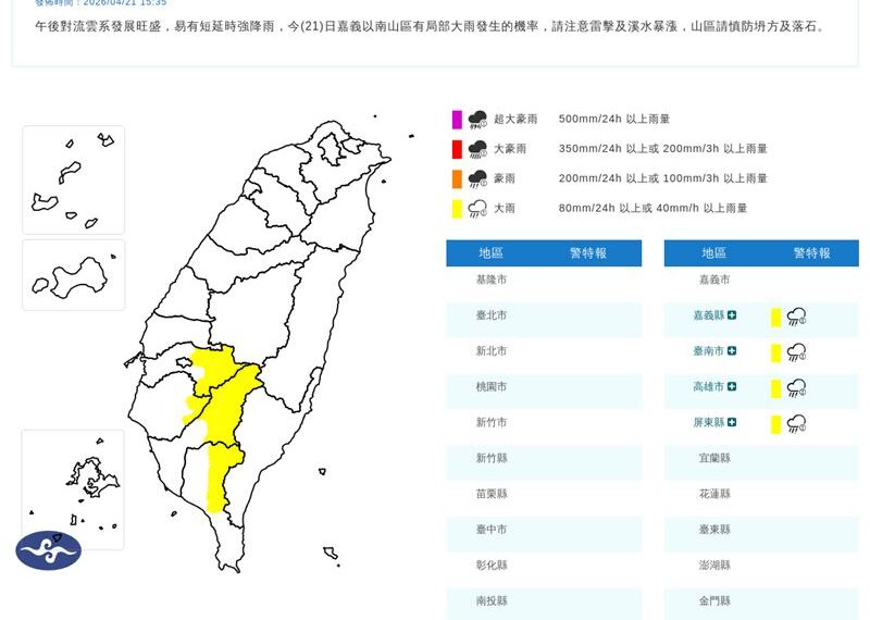 台灣新聞通訊社-快訊／下班注意！4縣市大雨特報　一路下到晚上