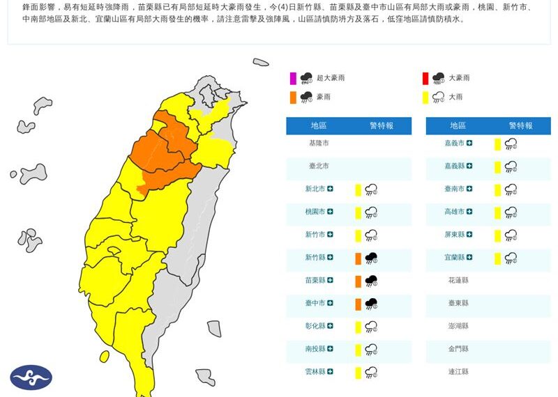 台灣新聞通訊社-快訊／轟炸大半個台灣！15縣市豪、大雨特報　小心淹水落雷