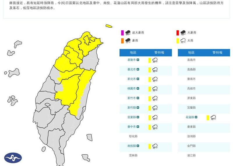 台灣新聞通訊社-快訊/雨區擴大!10縣市大雨特報 強風狂吹9縣市