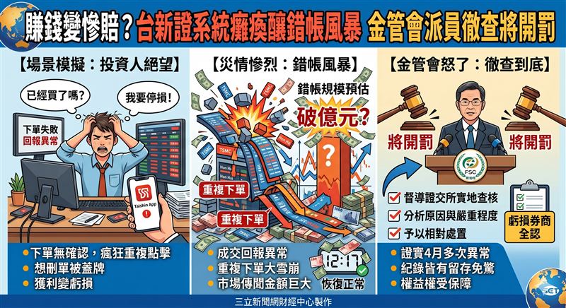 台灣新聞通訊社-快訊／賺錢變慘賠？台新證系統癱瘓釀錯帳風暴　金管會派員徹查將開罰