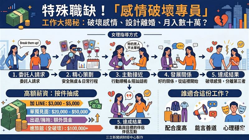 台灣新聞通訊社-這樣也能賺／「破壞感情」也能拿高薪？按件抽成最高月入數十萬