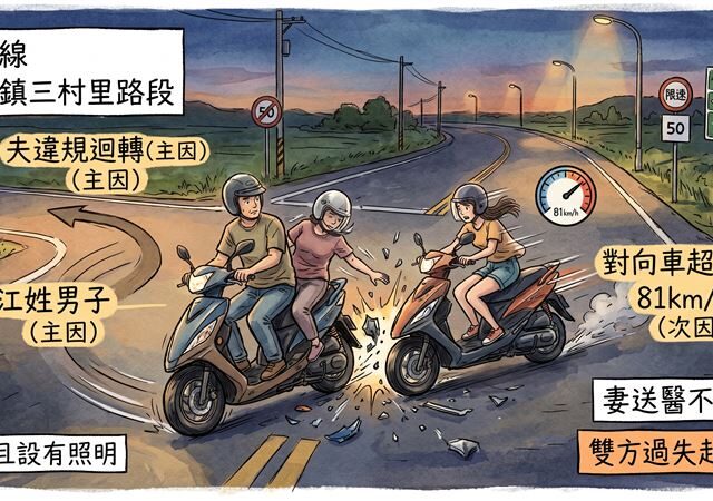 台灣新聞通訊社-嘉義大林恐怖車禍！夫違規迴轉遭超速女撞飛　1人慘死兩騎士都起訴