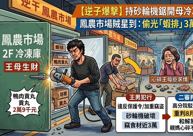 台灣新聞通訊社-逆子持砂輪機鋸開親媽冷凍庫「偷光蝦排」　和解沒用要關8個月