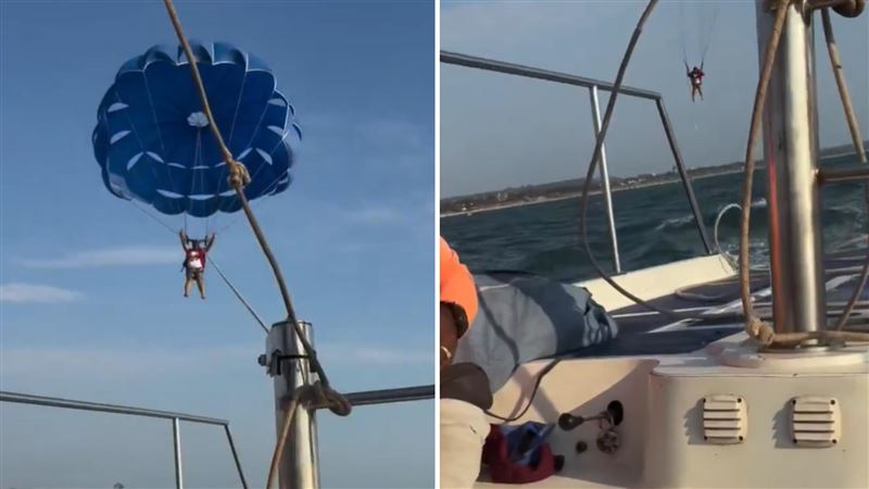 台灣新聞通訊社-玩拖曳傘出事！纜繩半空中斷裂「遊客慘遭分離」