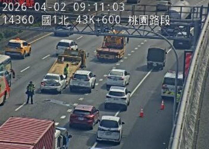 台灣新聞通訊社-快訊／上班注意！國1桃園段事故「4車連環撞」紫爆回堵5公里　畫面曝光
