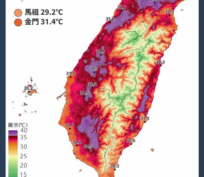 台灣新聞通訊社-熱浪炸裂還沒完！粉專曝「紫紅火烤圖」：1地創五月高溫百年紀錄