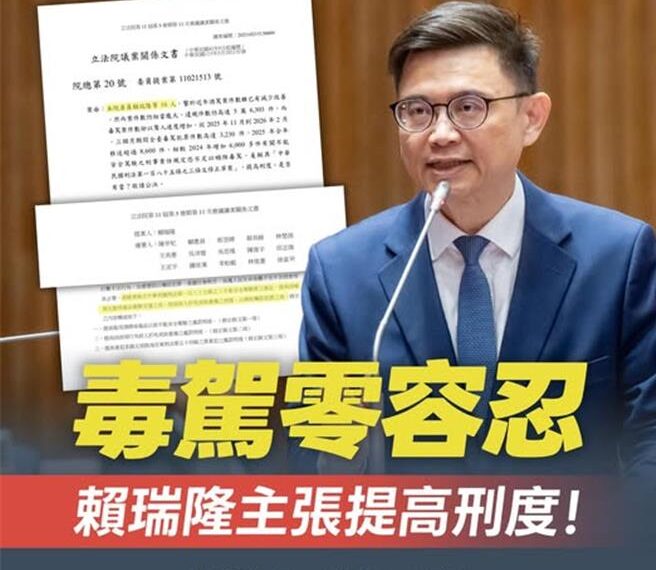 台灣新聞通訊社-毒駕酒駕頻傳 賴瑞隆推《刑法》修正加重刑責
