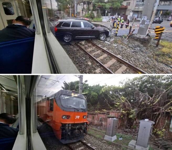 台灣新聞通訊社-通勤族崩潰！台鐵花壇平交道轎車「硬闖卡死」 自強號被迫倒車