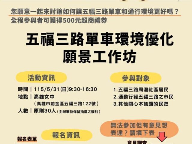 台灣新聞通訊社-從事故風險到安全願景！五福三路單車環境工作坊開放報名