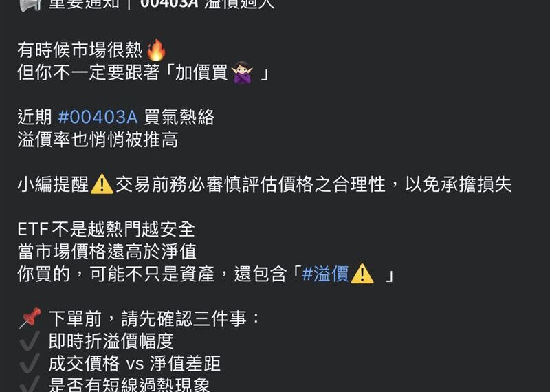 台灣新聞通訊社-你也買了嗎？00403A成交量刷紀錄　官方示警！