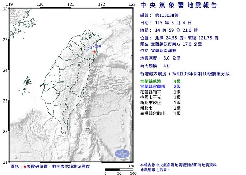 台灣新聞通訊社-快訊／14：59規模4地震！　最大震度4級