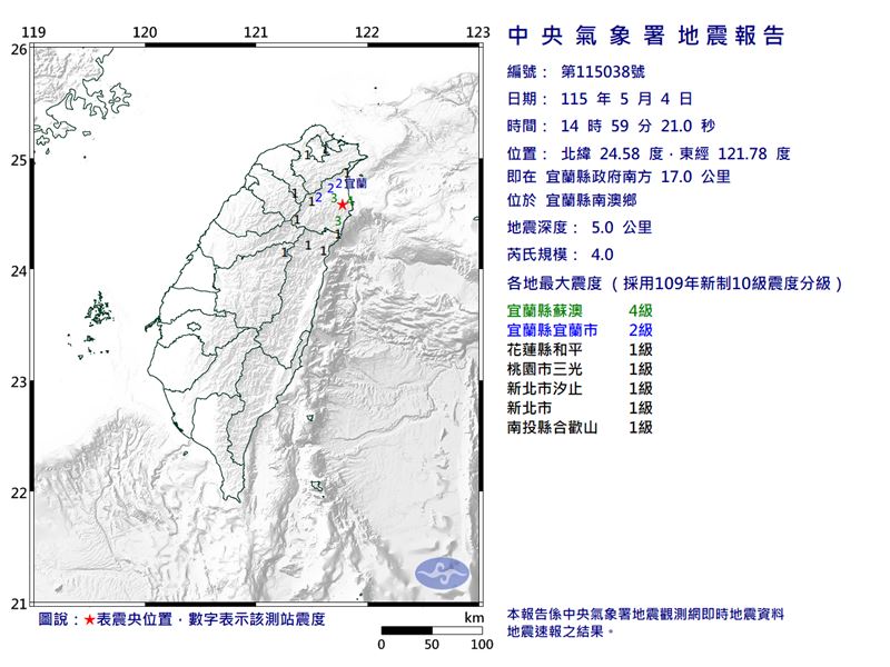 台灣新聞通訊社-快訊／14：59規模4地震！　最大震度4級