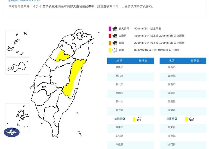 台灣新聞通訊社-快訊／上班注意！2縣市大雨特報