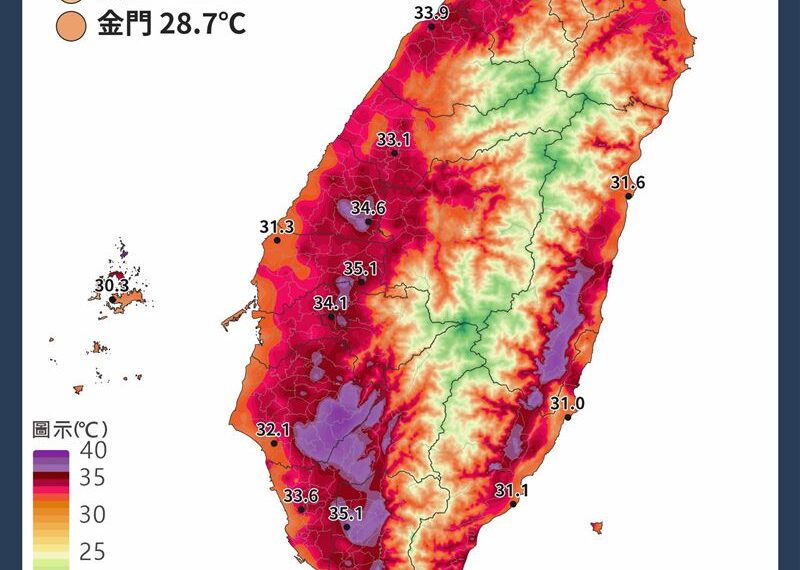台灣新聞通訊社-小心別中暑！今日最高溫飆39.2度　半個台灣「熱出紫紅色」