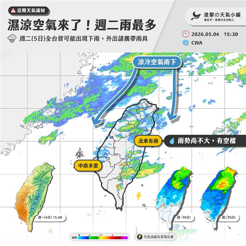 台灣新聞通訊社-濕涼空氣來了！粉專PO雷達回波圖「越往北越冷」　雨最劇時刻曝光