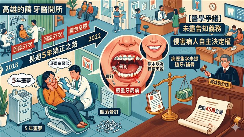 台灣新聞通訊社-矯牙5年變一場空！高雄妹牙齦流膿「骨釘狂掉」 醫判賠45萬原因曝光