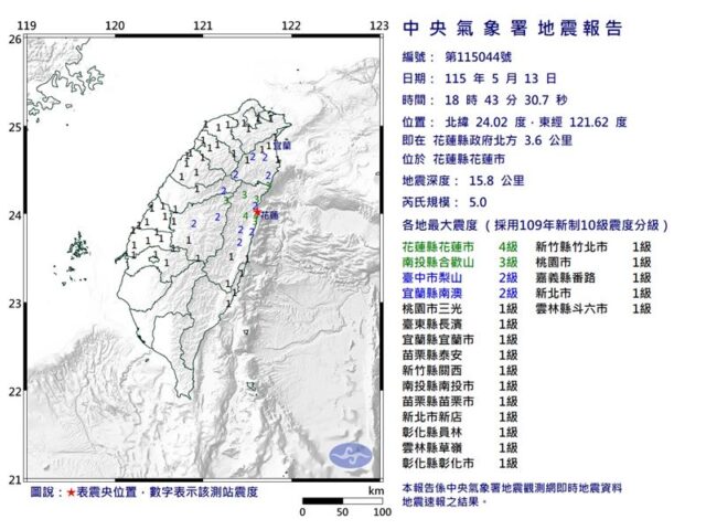 台灣新聞通訊社-花蓮規模5.0地震！最大震度4級全台12縣市有感　專家籲速查居家安全