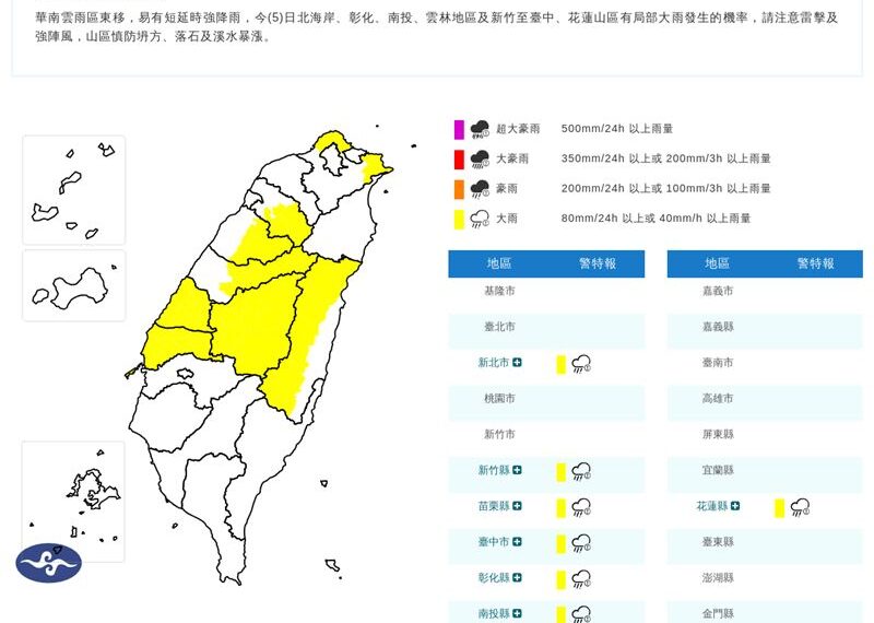 台灣新聞通訊社-快訊／下班回家注意！8縣市大雨特報「慎防雷、風侵襲」