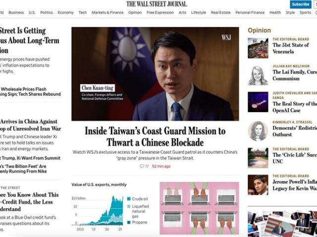 台灣新聞通訊社-中國灰色威脅加劇！陳冠廷登華爾街日報頭版：台灣會持續守住防線