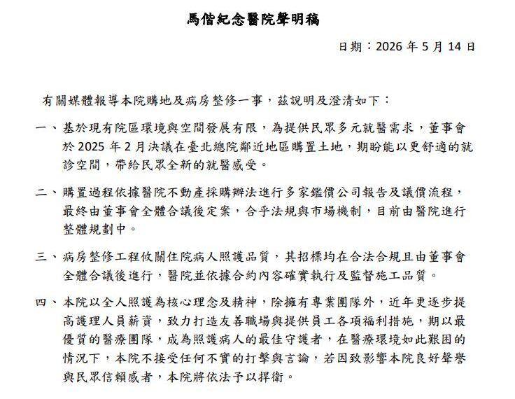 台灣新聞通訊社-帶頭「炒地皮」?傳25億元天價買地遲未動工 馬偕醫院回應了