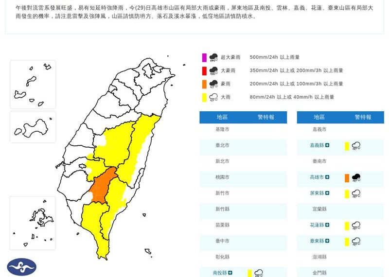 台灣新聞通訊社-快訊／雨勢升級！7縣市豪、大雨特報　一路下到晚上