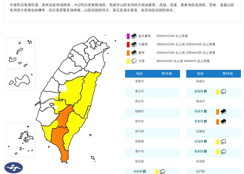 台灣新聞通訊社-快訊／下班注意！「7縣市」豪、大雨特報　示警區域曝光
