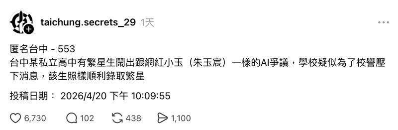 台灣新聞通訊社-台中爆「AI換臉性影像」近20女學生受害！涉案高中男已繁星錄取大學