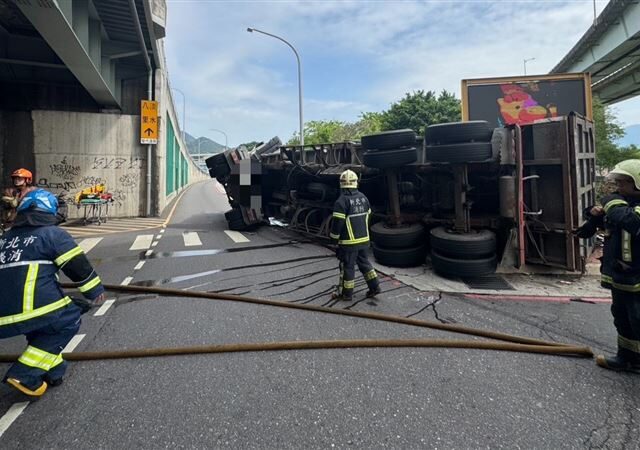 台灣新聞通訊社-快訊／新北成蘆橋下砂石車翻車　廢土散落掉滿地