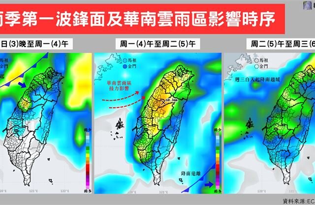 台灣新聞通訊社-梅雨鋒面要來了！全台雨炸3天　北部跌破1字頭