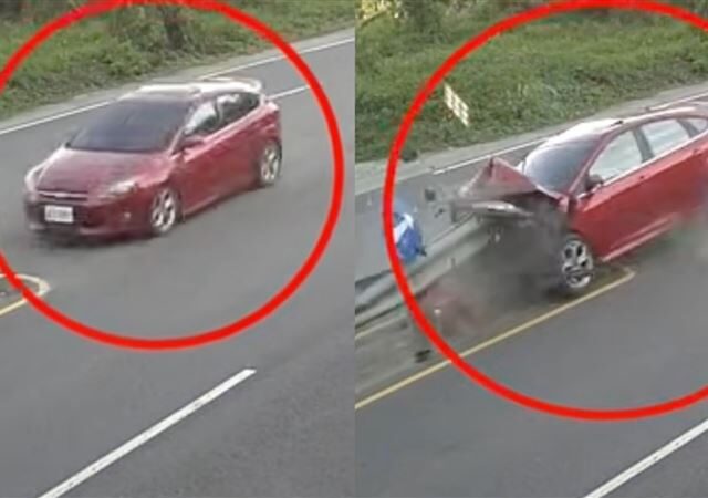 台灣新聞通訊社-畫面曝！紅車「串燒式卡死」分隔島…高雄婦人吐1句