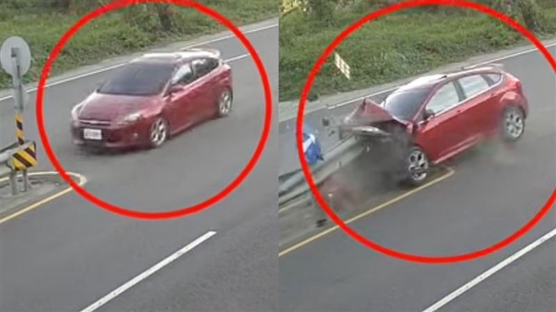 台灣新聞通訊社-畫面曝！紅車「串燒式卡死」分隔島…高雄婦人吐1句