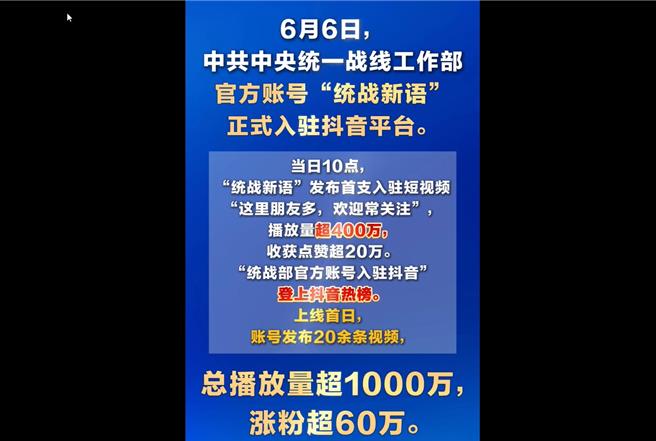 台灣新聞通訊社-陸中央統戰部「統戰新語」入駐抖音 首日漲粉破60萬