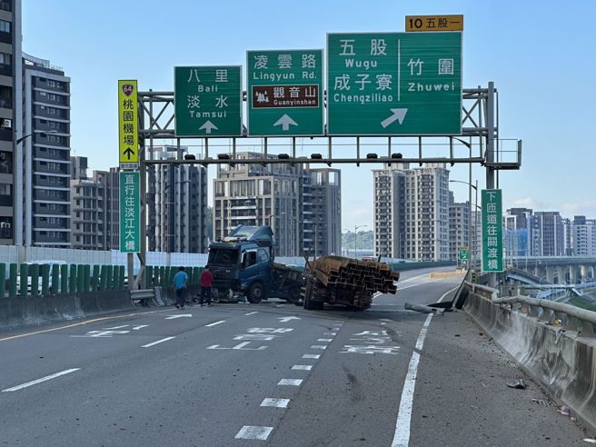 台灣新聞通訊社-快訊》台64往八里車禍！ 曳引車自撞「全線封閉」車流回堵