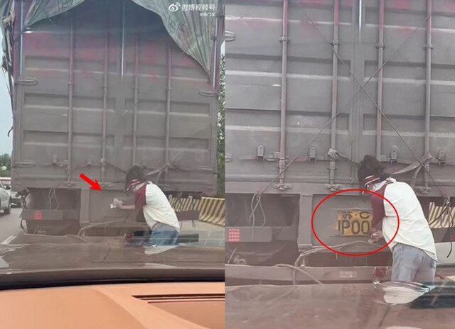 台灣新聞通訊社-善心女幫大貨車「擦車牌」 網笑：下個月等收罰單