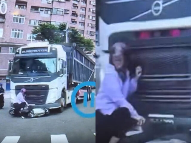 台灣新聞通訊社-三寶大媽騎車鬼切！下秒嚇瘋張嘴 驚悚「掛砂石車頭」畫面曝
