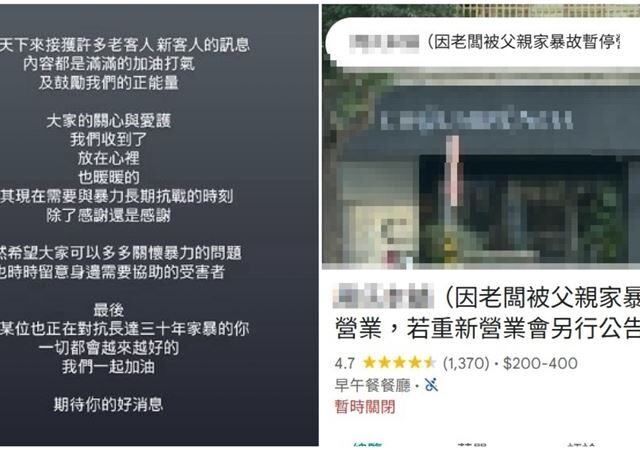 台灣新聞通訊社-高雄知名早午餐店「老闆被父親家暴」暫停營業！警方已受理、聲請保護令