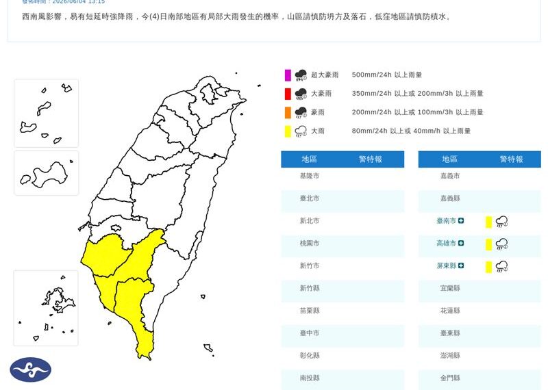 台灣新聞通訊社-快訊／雨彈開炸！「3縣市」大雨特報　一路下到晚上