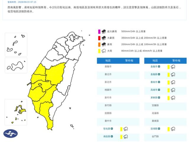 台灣新聞通訊社-快訊／上班注意！大雨開炸「9縣市」　一路下到晚上