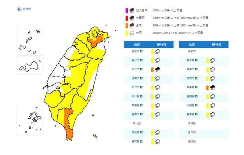 台灣新聞通訊社-新／雨更大了！2縣市升級豪雨特報　17縣市小心強降雨