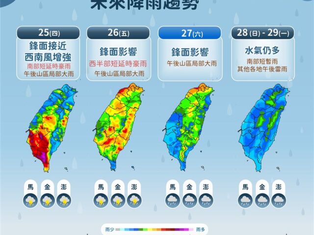台灣新聞通訊社-明天南部雨最猛！全台有雨「連炸5天」　一張圖看懂
