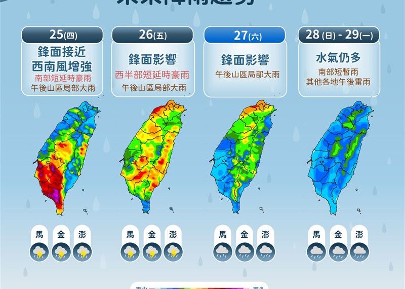 台灣新聞通訊社-明天南部雨最猛!全台有雨「連炸5天」 一張圖看懂