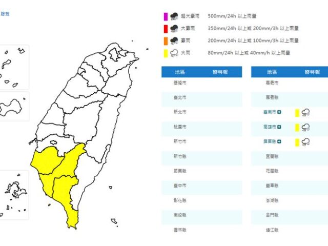 台灣新聞通訊社-快訊／下班注意！3縣市大雨特報　恐下到明天