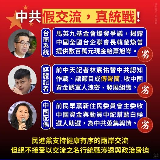 台灣新聞通訊社-民進黨揭中共統戰3大管道 批藍營配合修法讓台灣掉入「融合促統」陷阱