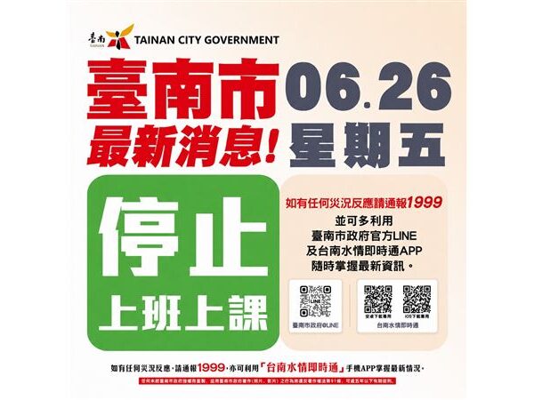 台灣新聞通訊社-快訊／豪雨威脅通勤安全！台南市深夜宣布明26日全市停止上班上課