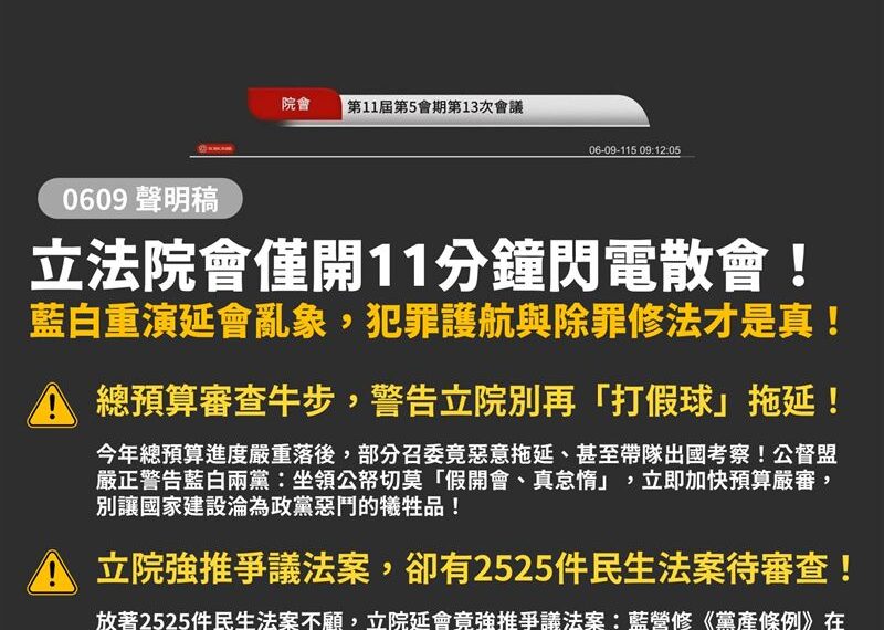 台灣新聞通訊社-立法院會僅開11分鐘就閃電散會!公督盟轟藍白:到底是擺爛還是作秀?