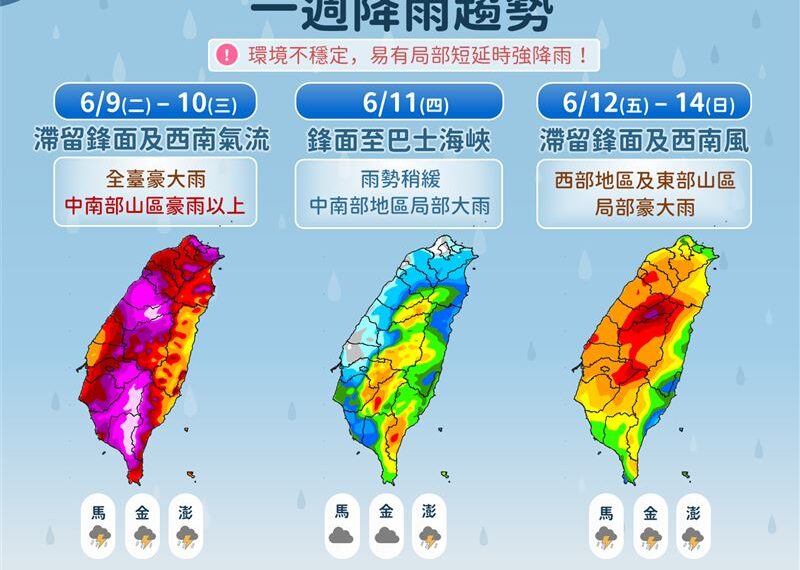 台灣新聞通訊社-北部午後雷雨炸到晚上!明起「全台豪大雨」紫爆到這天