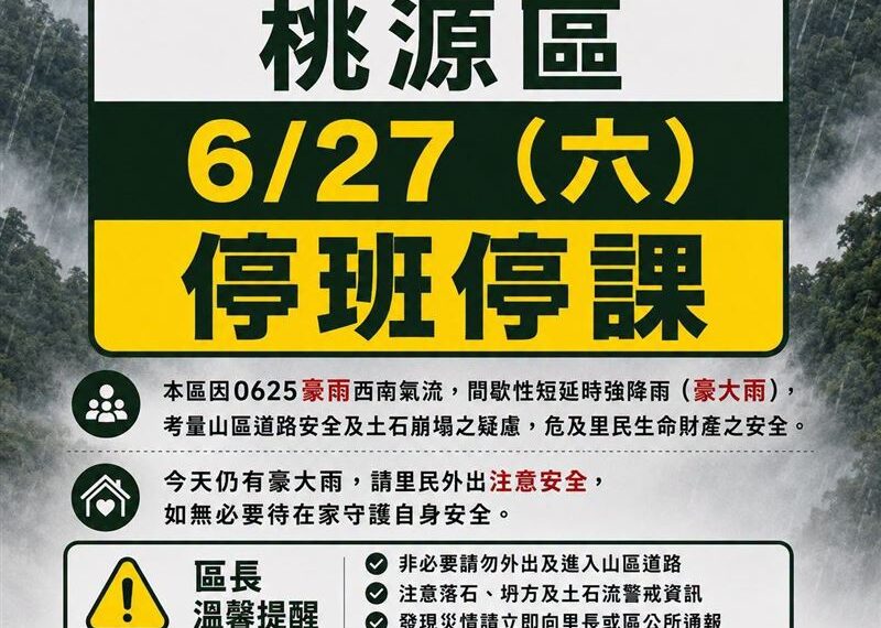 台灣新聞通訊社-豪大雨狂襲！高雄桃源區宣布今日停班停課
