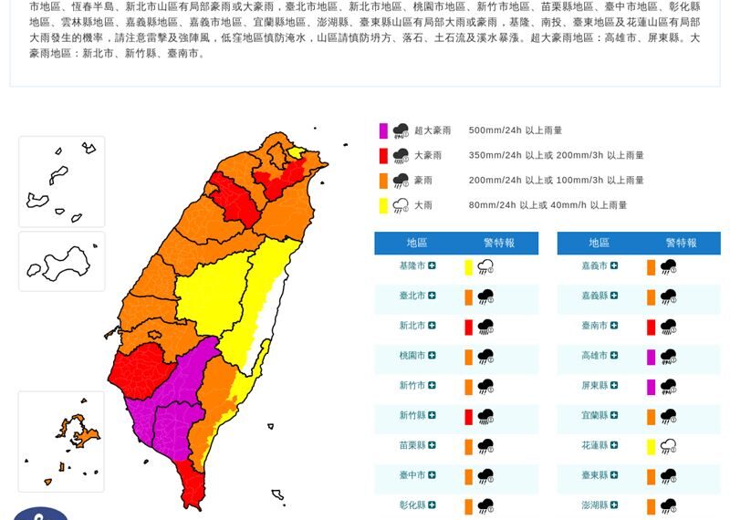 台灣新聞通訊社-快訊／雨還沒下完！20縣市豪、大雨特報　一路下到晚上
